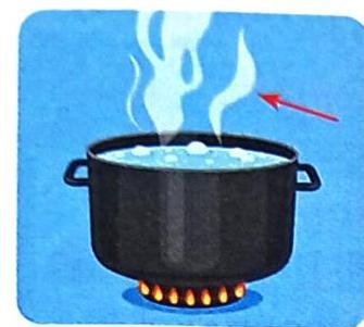 A black pot of boiling water sits on a stove with flames. Steam rises from the pot, and a red arrow points to the steam.