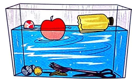 A transparent tank contains blue water with floating objects and submerged items. On the surface, a red and white striped ball, a red apple partially submerged, and a yellow bottle with a black cap are visible. At the bottom of the tank are several spherical objects, a coin, a fork, and a pair of scissors.