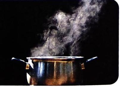 A metal pot with handles emits a plume of white steam against a dark background.