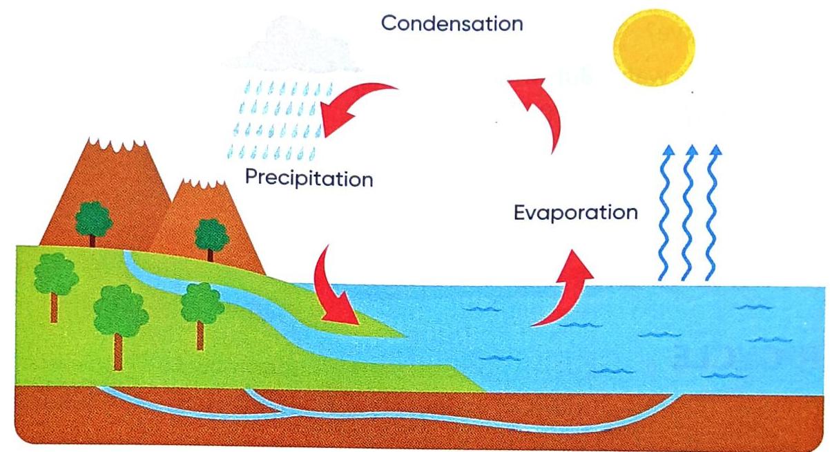 The water cycle is illustrated, showing evaporation from a body of water, condensation forming clouds, and precipitation as rain falling on mountains. Water flows from the mountains via a river back to the body of water.