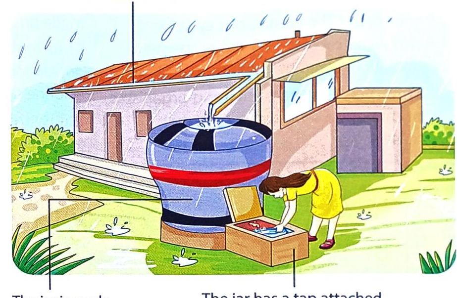 Rain falls on a house, with water being collected from the roof into a large blue barrel. A woman in a yellow dress is using a tap attached to a wooden container placed near the barrel.
