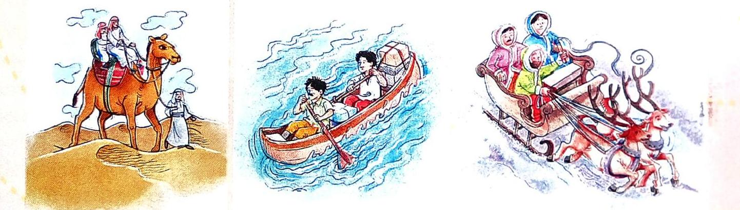 A camel caravan traverses a desert landscape with two riders and a guide. Next, two men navigate a boat down a body of water. Finally, a group of people ride in a reindeer-drawn sleigh through a snowy terrain.