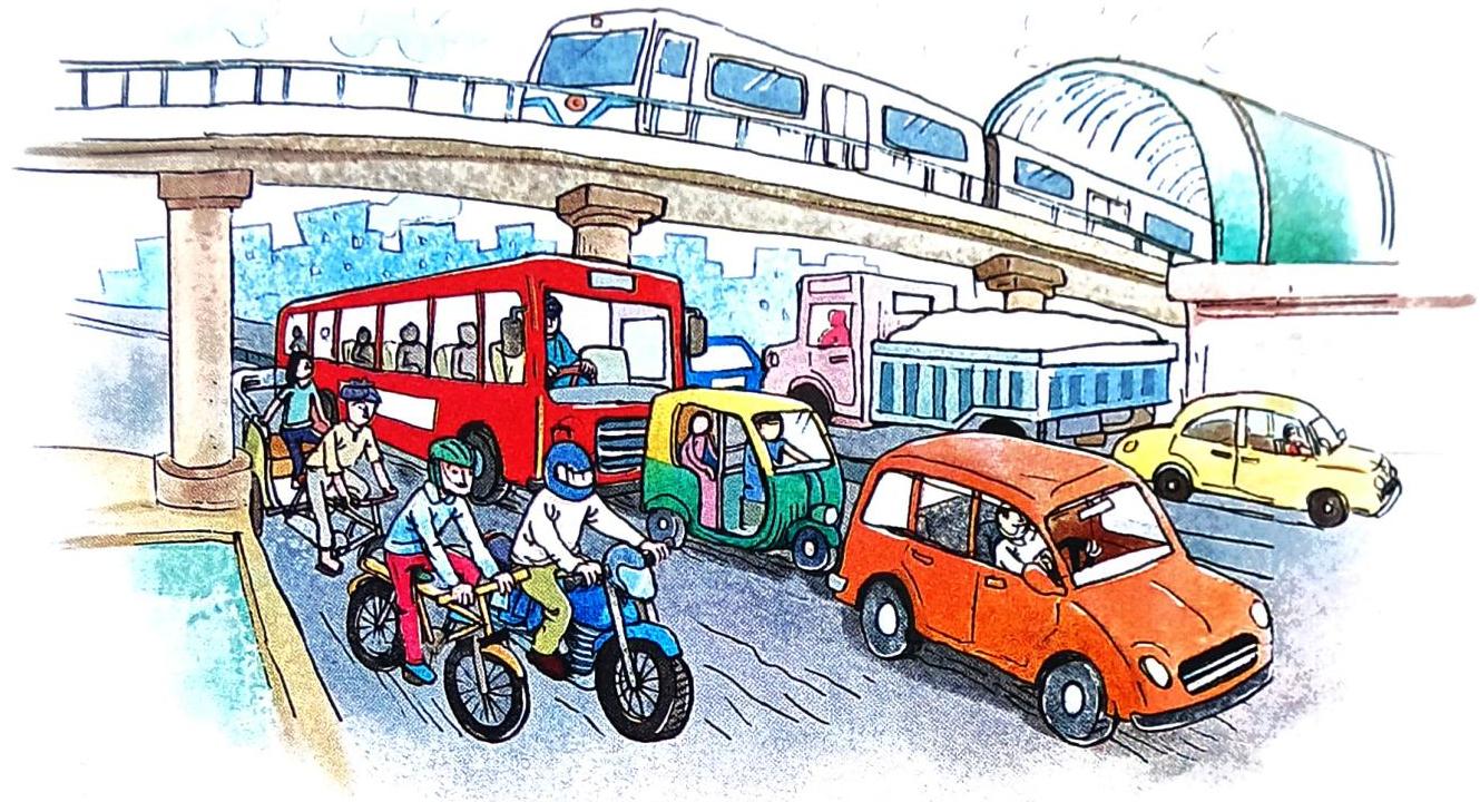 An elevated train track runs above a busy street where a red bus, a green auto-rickshaw, two motorcycles, two cars (orange and yellow), and a truck are caught in traffic. Riders are visible on the motorcycles and bicycle, and passengers are seen inside the bus and cars.