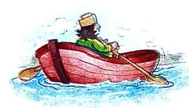 A person in a red boat rows with an oar on blue water. The person wears a hat and a green jacket.