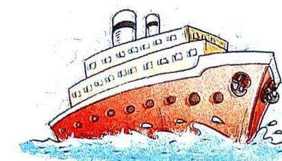 A cartoonish illustration of a large, multi-decked ship with two funnels sails through blue water, creating white foam and waves. The ship's hull is colored orange and red, while its upper sections are white with numerous windows.