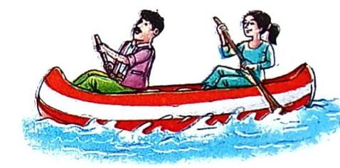 A man steers a canoe while a woman paddles it through choppy blue water.