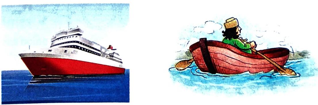 A large red-hulled cruise ship sails on blue water to the left, while a person in a green jacket rows a small red boat on the right.