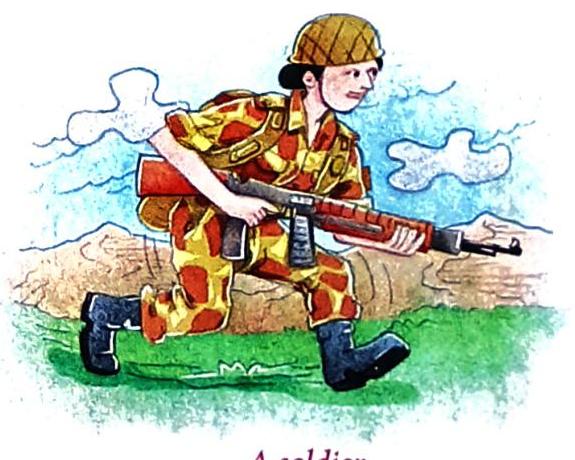 A soldier in a yellow and red camouflage uniform runs with a rifle. The soldier wears a helmet and dark boots. The background features hills, green ground, and stylized clouds against a light blue sky.