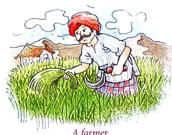 A farmer wearing a red turban and a striped shirt stands in a field of tall grass, holding a sickle. A thatched-roof hut and hills are visible in the background under a cloudy sky.