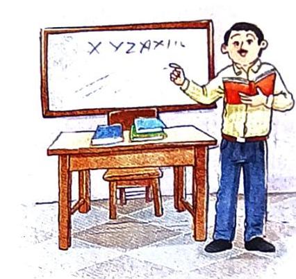 A teacher stands beside a whiteboard with 'X Y Z A X I I N' written on it, holding an open red book. He points towards the whiteboard. In front of the whiteboard is a wooden desk with two stacks of books, and a stool is placed beneath the desk.