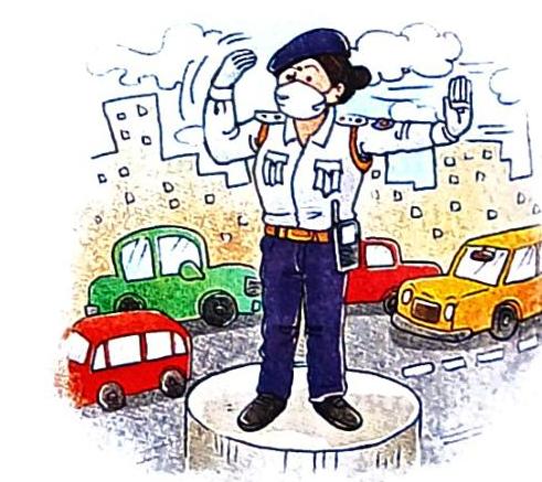 A masked traffic police officer in uniform stands on a platform, directing traffic with raised hands, surrounded by vehicles and city buildings.