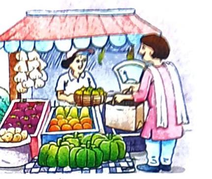 A market stall features a vendor with produce and a customer. The stall displays green gourds, yellow fruits, red items, and white bulbs. A weighing scale is visible behind the vendor.