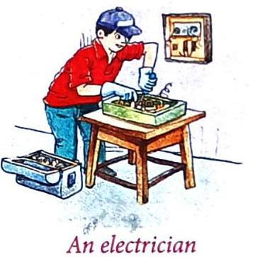 An electrician in a red shirt, blue pants, and cap works on electrical components inside a green box on a wooden stool. A toolbox rests on the floor nearby, and an electrical panel is mounted on the wall.