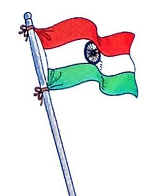 An illustration of the Indian flag, with its characteristic saffron, white, and green horizontal stripes and the blue Ashoka Chakra in the center, waves on a silver flagpole tied with red ribbons.