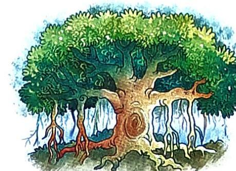 A banyan-like tree with a thick, gnarled trunk and a dense, leafy green canopy. Numerous aerial roots hang down from its branches, some creating archways. The illustration features a soft blue background.