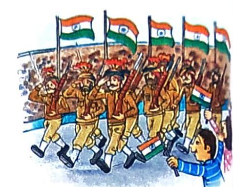 Soldiers in uniform march in a parade, holding rifles and Indian flags. A child in the foreground also holds an Indian flag.