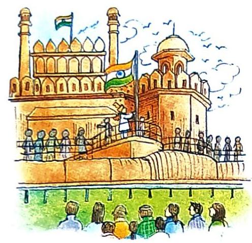A person stands on a raised platform before a grand fort, hoisting the Indian flag, while crowds of people observe from the platform and a lower area. Birds fly overhead.
