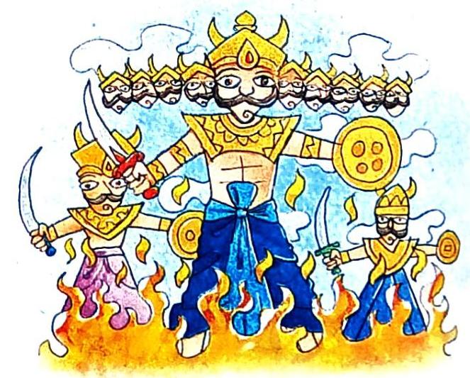 A ten-headed figure stands in flames, flanked by two smaller figures also surrounded by fire. The central figure is adorned with golden armor and holds a shield. The flanking figures wield swords and shields. The illustration is in a colorful, cartoonish style.