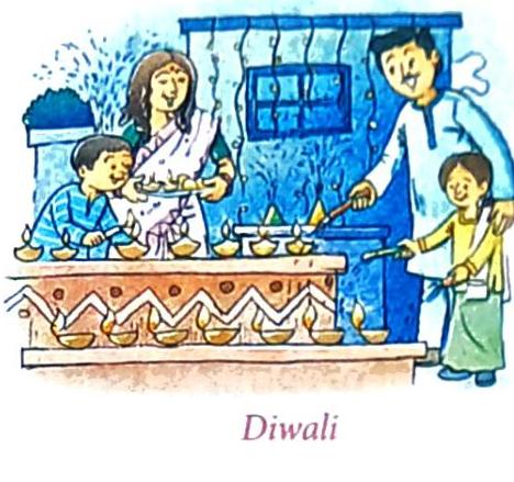 A family lights oil lamps during Diwali.