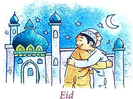 Two men embrace in front of a mosque under a starry night sky with a crescent moon. The word 'Eid' is written below.