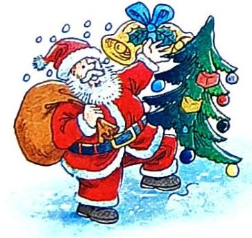 Santa Claus, with a sack on his back, holds a decorated Christmas tree and golden bells tied with a blue ribbon. He stands on a snowy surface.