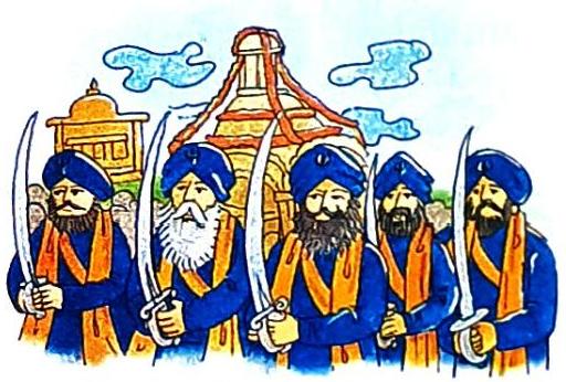 Five bearded men in blue turbans and robes with orange sashes hold swords. A golden domed building and a tall tiered structure are in the background under a sky with blue clouds.