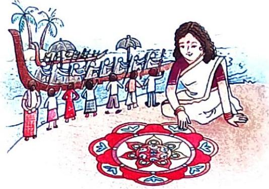 A woman in a white saree sits near a colorful floral design on the ground. Behind her, several people stand near a long boat filled with figures, with palm trees and water in the background.