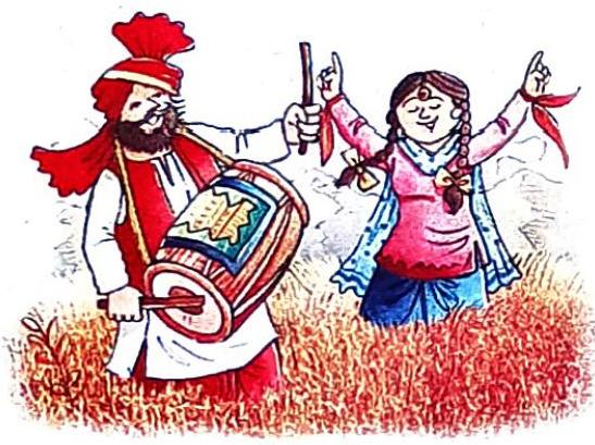 A man in traditional attire plays a dhol drum while a woman dances with her arms raised in a field of reddish-brown grass.