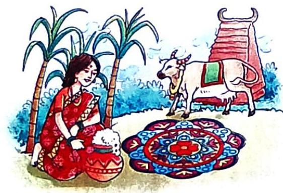 A woman in a red saree kneels beside a decorated pot, with sugarcane stalks behind her. A white cow stands before a tiered structure, and a colorful rangoli is on the ground.