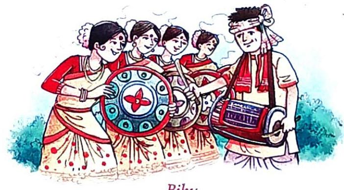 A man plays a drum while several women in traditional attire hold decorated circular shields or drums.