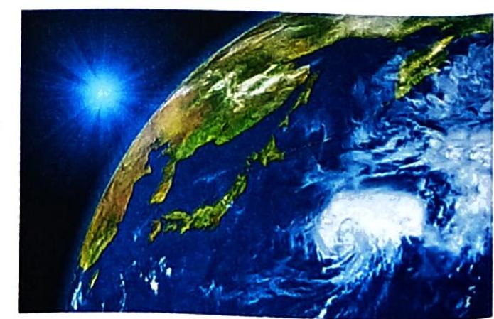 Earth viewed from space, showcasing the islands of Japan, a large swirling typhoon over the ocean, and a bright sun with emanating rays.