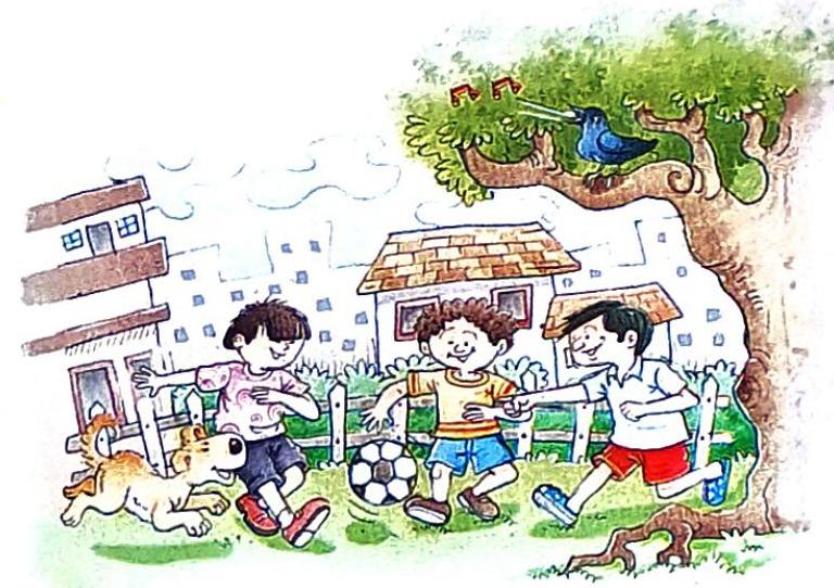 Three boys play soccer on a grassy area, with a dog running alongside them. A blue bird perches on a tree branch, singing, indicated by musical notes. Houses and a wooden fence are visible in the background.