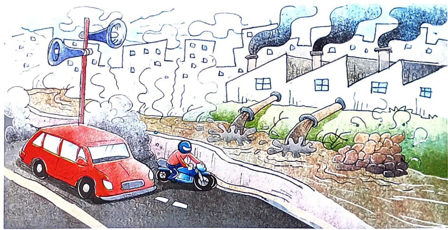 Industrial buildings emit smoke from chimneys, while pipes discharge murky waste into a stream. A car and motorcycle are on a road, near a pole fitted with two loudhailers. Haze surrounds the vehicles and pole, and debris is visible by the stream.
