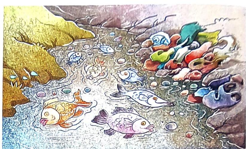 A river contains several fish swimming. The left bank has rocks and green vegetation, while the right bank is heavily littered with colorful debris.