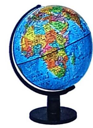 A colorful globe of the Earth is shown, featuring continents in various bright colors against a blue ocean backdrop. The globe is attached to a black stand, which has a circular base.