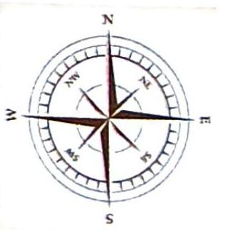 A compass rose displays cardinal directions (N, E, S, W) and intercardinal directions (NE, SE, SW, NW) with radiating lines on a circular dial.