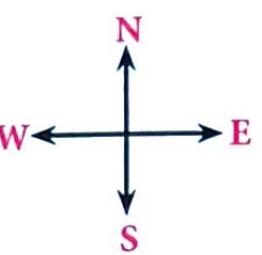 A four-pointed compass rose indicating North (N) upwards, South (S) downwards, East (E) to the right, and West (W) to the left. The directional letters are pink, and the arrows are black.