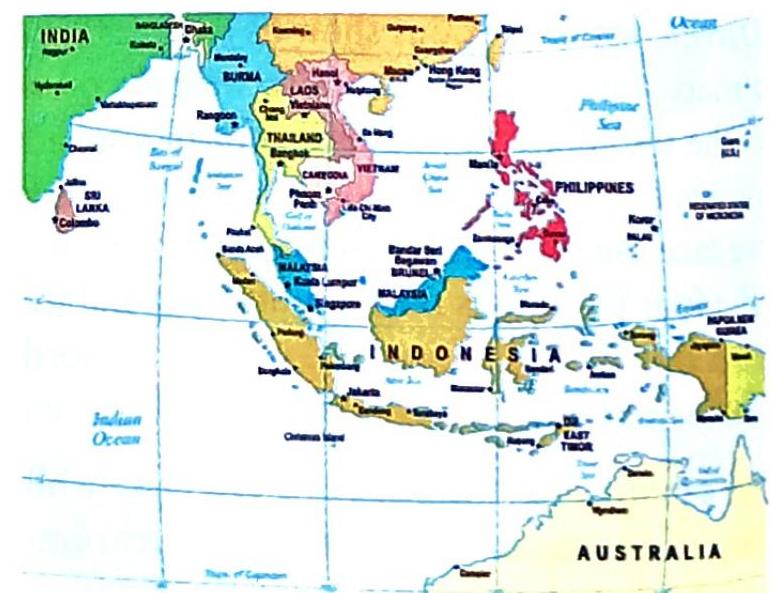 A political map of Southeast Asia and surrounding regions, including India, Sri Lanka, Burma, Thailand, Laos, Vietnam, Cambodia, Malaysia, Singapore, Brunei, Indonesia, the Philippines, Papua New Guinea, and Australia. Major bodies of water shown are the Indian Ocean and the Philippine Sea.
