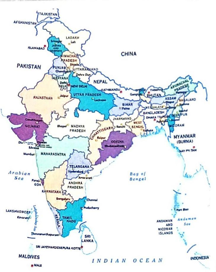 A political map illustrating India and its surrounding countries, including Pakistan, Afghanistan, Tajikistan, China, Nepal, Bhutan, Bangladesh, and Myanmar. The map also shows neighboring island nations like Sri Lanka, Maldives, and Indonesia. Major Indian states and their capitals are labeled, along with bodies of water such as the Arabian Sea, Bay of Bengal, Indian Ocean, and the Andaman Sea. The islands of Lakshadweep and Andaman and Nicobar Islands are also visible.