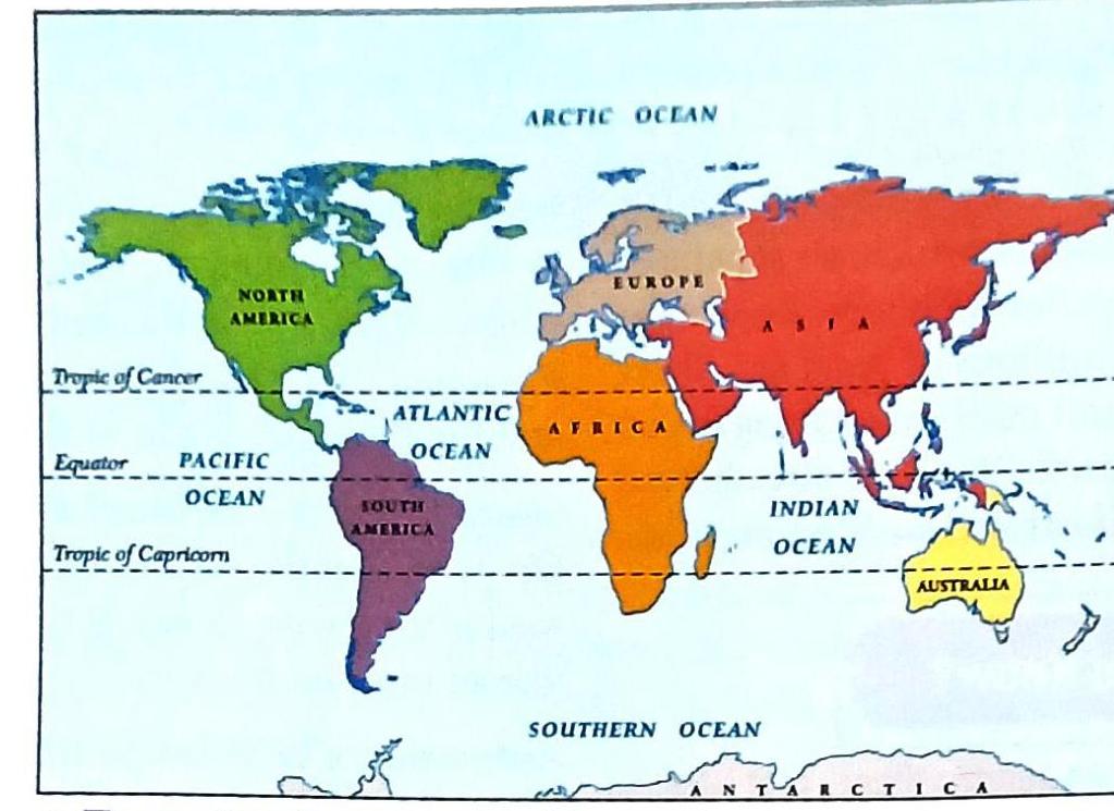 A colored world map displays continents labeled North America, Europe, Asia, Africa, South America, and Australia. Major oceans, including the Arctic, Atlantic, Pacific, Indian, and Southern Oceans, are also labeled. Lines indicating the Tropic of Cancer, Equator, and Tropic of Capricorn are marked. Antarctica is shown at the bottom.
