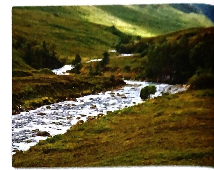 A rocky river winds through a green valley with rolling hills and sparse trees.