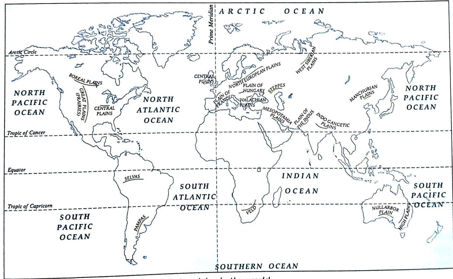 World map illustrating continents and oceans, marking key plains such as the Great Plains and Central Plains in North America, North European Plains and Steppes in Europe, Mesopotamian Plains, Indo Gangetic Plains, West Siberian Plains and Manchurian Plains in Asia, and the Nullarbor Plain in Australia. Important lines of latitude including the Arctic Circle, Tropic of Cancer, Equator, and Tropic of Capricorn are indicated. Major oceans like the Pacific, Atlantic, Indian, and Southern Oceans are labeled, along with regions like Selvas, Pampas, and Veld.