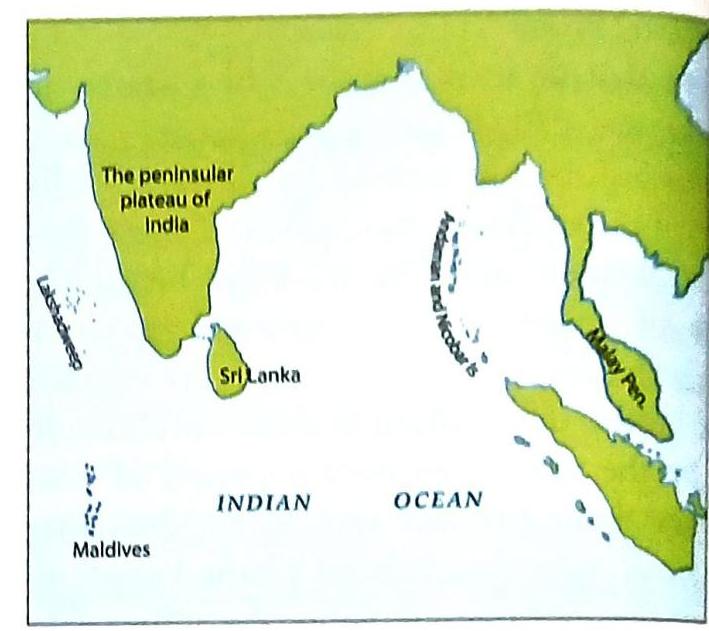 A map displays the southern portion of India, identified as 'The peninsular plateau of India,' along with Sri Lanka, Lakshadweep, and the Maldives. To the east of India are the Andaman and Nicobar Islands, and further southeast lies the Malay Peninsula. The Indian Ocean is prominently labeled.