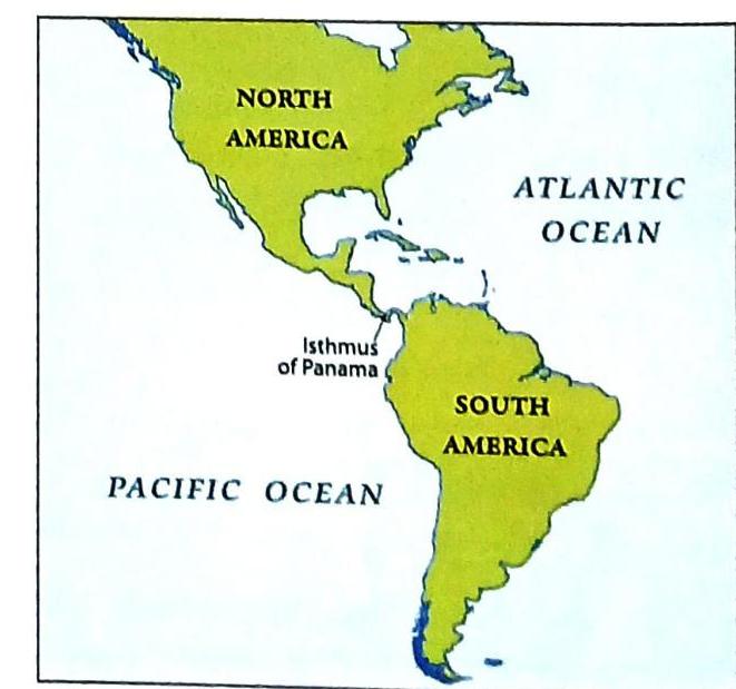 A map displays North America to the north and South America to the south. The Atlantic Ocean is to the east, and the Pacific Ocean is to the west. The Isthmus of Panama connects North and South America.