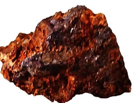 A rough, irregular-shaped mineral specimen with a textured surface, predominantly featuring shades of brown and reddish-brown, interspersed with darker areas and subtle lighter highlights.