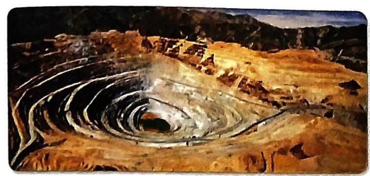 A painterly depiction of a vast open-pit mine reveals a deep, circular excavation with distinct, terraced walls. The scene is characterized by earthy tones, rugged terrain, and a mountainous backdrop under a muted sky.