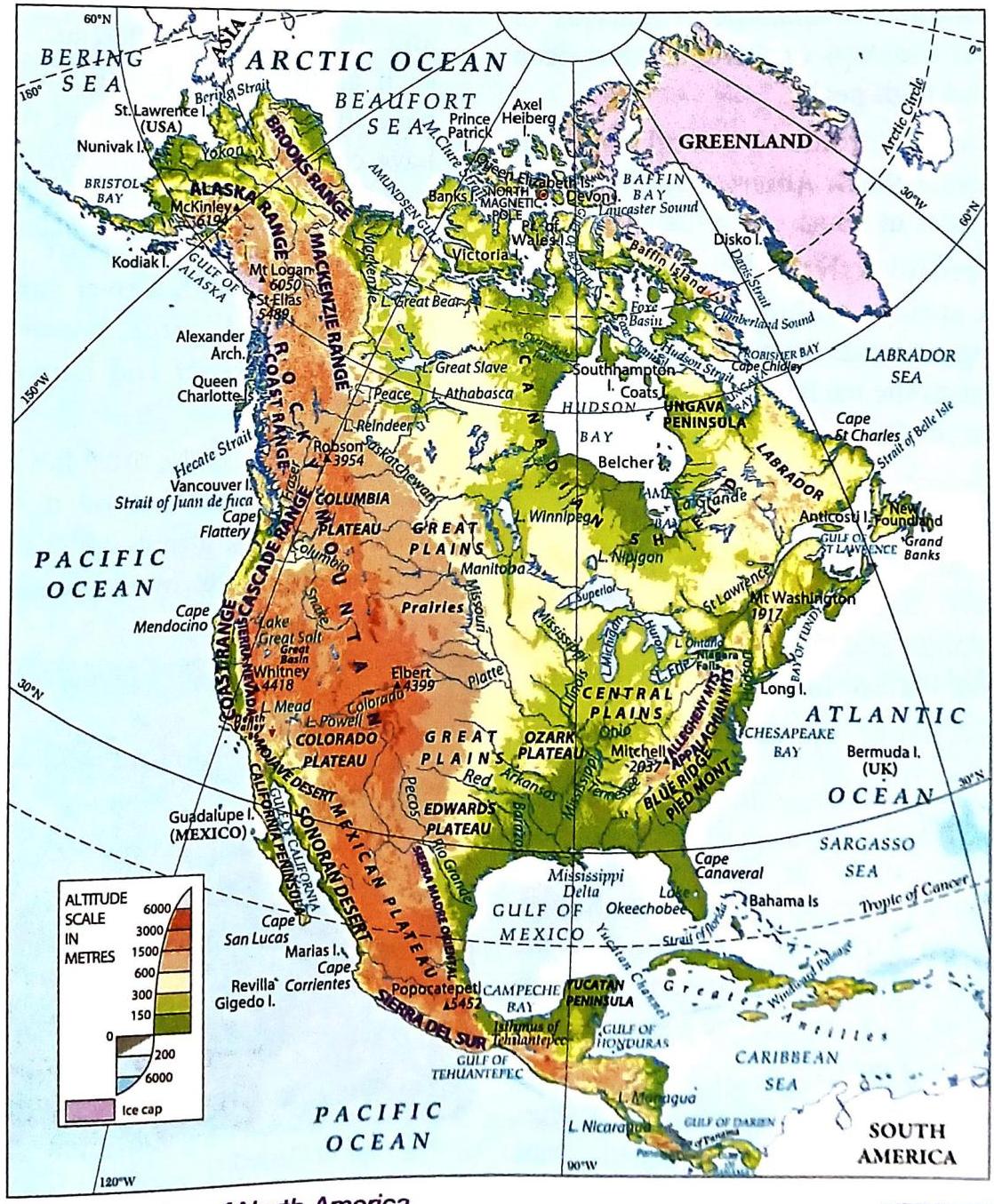 A map of North America showing major geographical features. It includes Canada, the United States, Mexico, and Greenland. Surrounding waters are the Pacific Ocean, Arctic Ocean, Atlantic Ocean, Bering Sea, Beaufort Sea, Hudson Bay, Gulf of Mexico, Labrador Sea, and Caribbean Sea. Prominent mountain ranges include the Brooks Range, Alaska Range, Coast Range, Cascade Range, Sierra Madre Oriental, and the Appalachian Mountains. Large plains and plateaus like the Great Plains, Central Plains, and Mexican Plateau are depicted. Major lakes such as the Great Lakes, Great Bear Lake, Great Slave Lake, and Lake Winnipeg are labeled, as are significant rivers including the Mississippi, Missouri, Mackenzie, St. Lawrence, and Rio Grande. The map also features an altitude scale with color-coded elevation zones and an indication for ice caps.