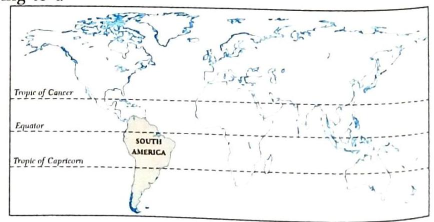 A world map displaying dashed lines for the Tropic of Cancer, Equator, and Tropic of Capricorn, with South America highlighted.
