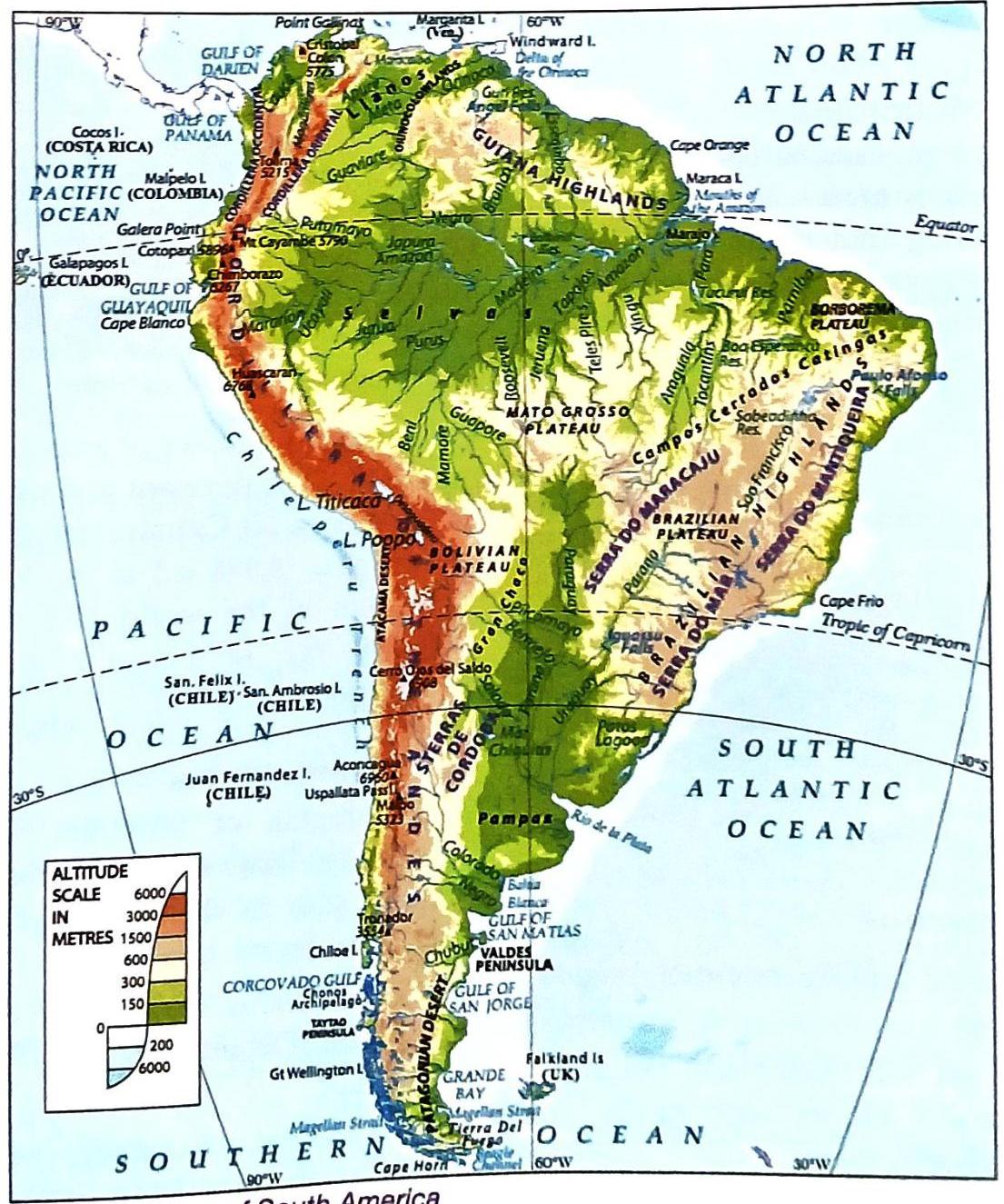 A topographical map of South America showing elevations color-coded from sea level (blue/green) to high mountains (red/brown). Prominent features include the Andes Mountains along the western coast, the Guiana, Brazilian, Bolivian, and Mato Grosso plateaus, the Amazon basin, and the Pampas region. The Atlantic and Pacific Oceans border the continent, with the Southern Ocean at its southern tip. Key islands, gulfs, bays, and major rivers are labeled, alongside an altitude scale indicating meters and feet. Latitude and longitude lines are also marked.