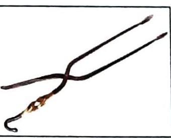 A pair of dark, crossed tongs with long, thin arms and hooked tips. Fibrous material is attached to the joint.